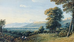 Figure che riposano su una collina con una guglia di chiesa oltre, 1825